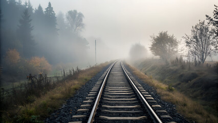 Fototapeta premium Railway Tracks Disappearing into the Foggy Distance Through a Forest Landscape