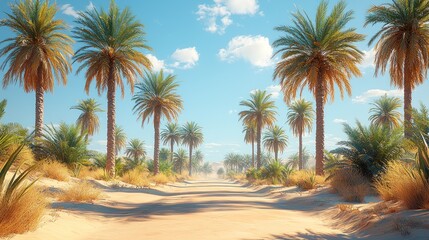 Fototapeta premium Sunny desert oasis with palm trees lining a path