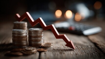 Financial Crisis: Stack of Coins with a Red Downward Trending Arrow Representing Economic Recession, Market Crash, and Investment Losses