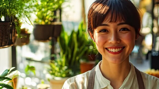 Smiling Young Shop Assistant in Sunny Flower Shop