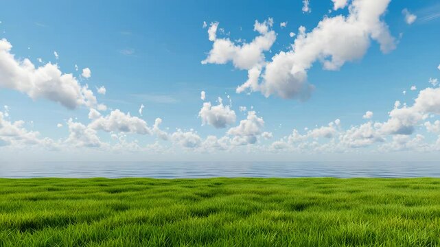 Lush Green Grass Meets Tranquil Ocean Under A Blue Cloudy Sky For Adobe Stock Photos