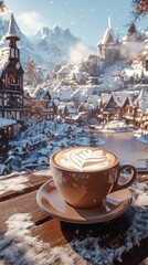Cup of coffee with latte art on table above town in cafe in winter. Christmas drink.	