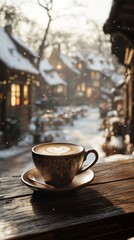 Cup of coffee with latte art on table in cafe in winter.