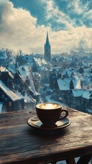  Cup of coffee with latte art on table above town in winter .  Christmas drink. 