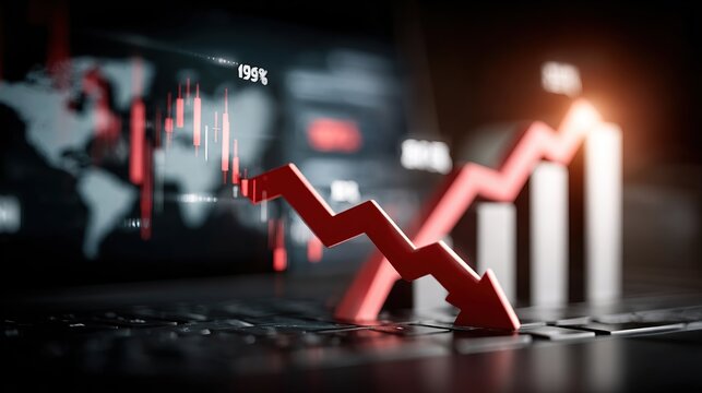 Dramatic Market Crash: Red Arrow Plunges on Laptop Screen Displaying Global Stock Market Decline and Financial Crisis Indicators