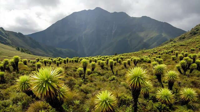 Lush Green Valley with Frailejones Plants Leading to Mountains Under Partly Cloudy Sky