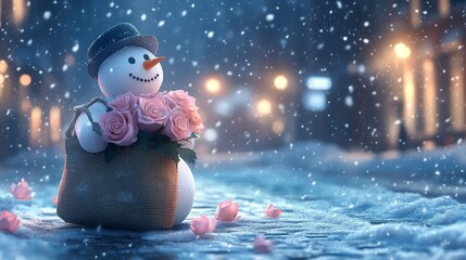 Christmas happy snowman in hat with pink roses on snow in winter. Snow background