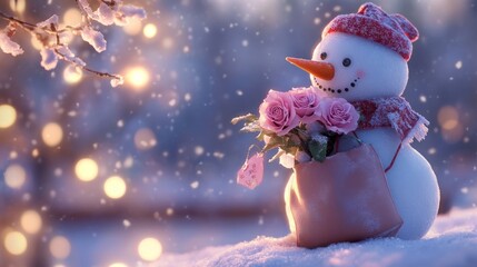 Christmas snowman on snow in winter background.