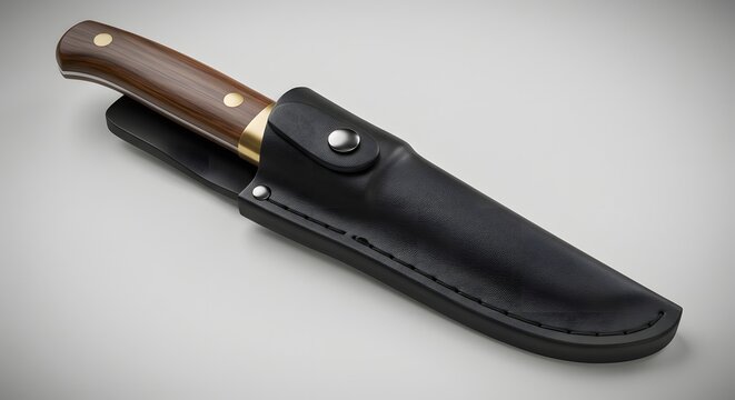 Fototapeta Sharp Hunting Knife with Leather Sheath - 3D Render