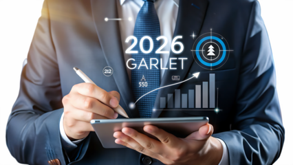 Businessman in dark blue suit using digital tablet displaying 2026 Garlet forecast growth chart with upward trend line and target icon featuring stylized... isolated on a transparent background
