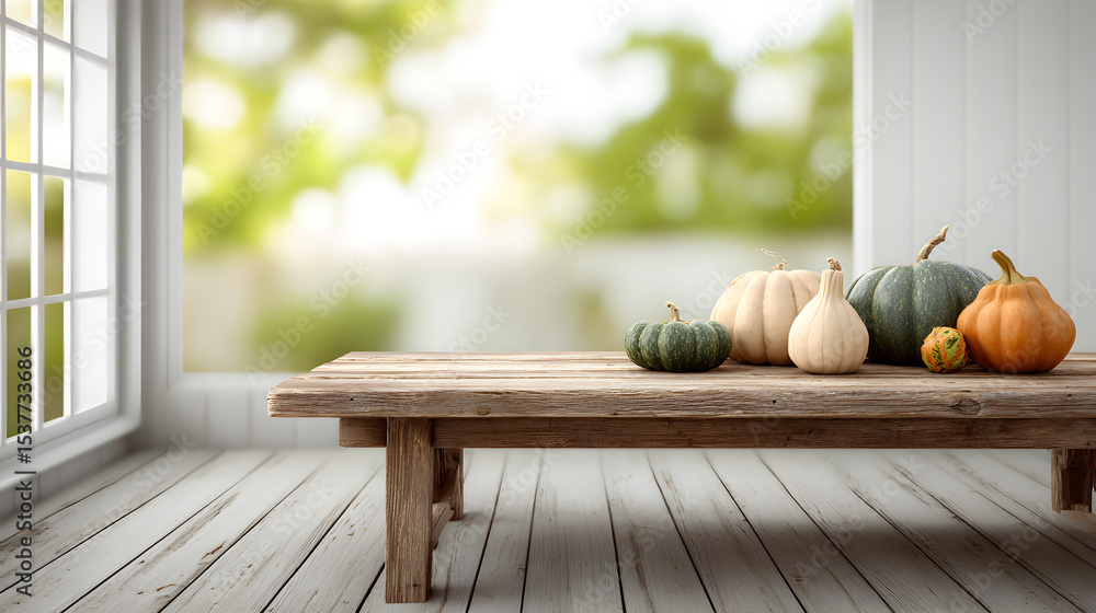 Poster a rustic wooden table displays an array of pumpkins in various shapes and sizes, with a bright windo