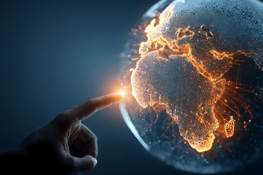 A Finger Touching a Digital Globe Highlighting Africa, Representing Global Technology, Connectivity, Innovation, and International Business Opportunities
