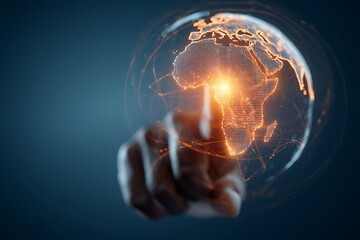 A Finger Touching a Digital Globe Highlighting Africa, Representing Global Technology, Connectivity, Innovation, and International Business Opportunities
