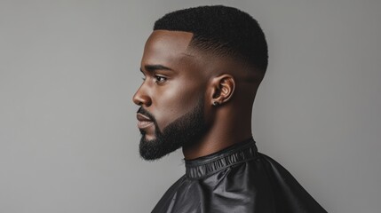 Profile view of a young Black man with a short, well-groomed haircut and beard, wearing a barber's cape against a gray background.