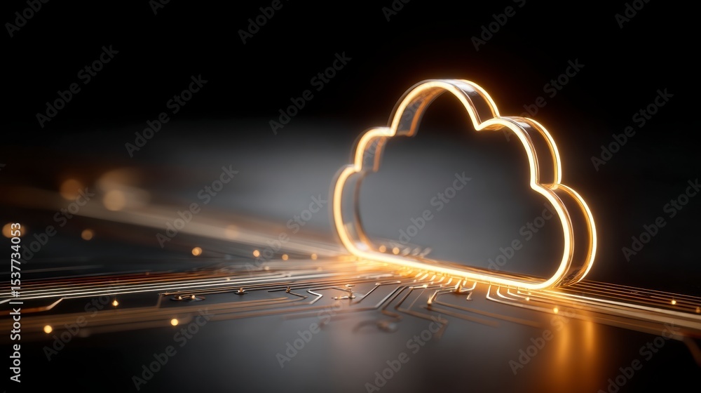 Poster glowing cloud computing icon on circuit board digital technology background