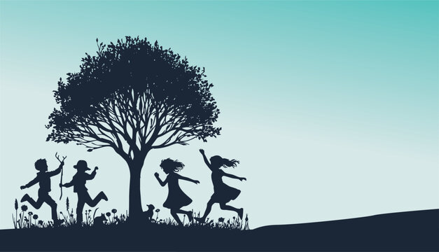 Children playing in a park. Vector illustration.kids playing and running with autumn trees vector in white background