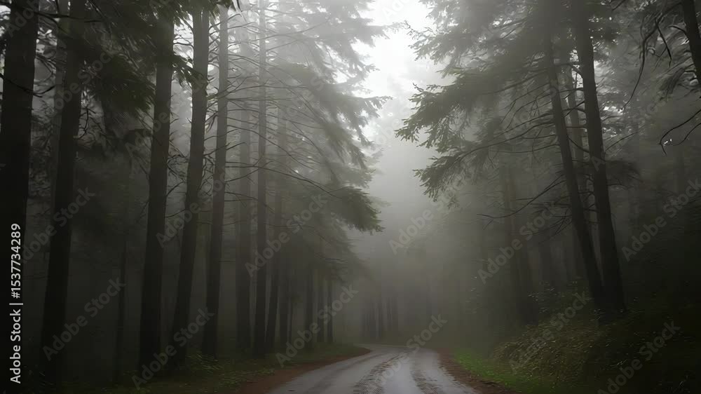 Poster misty forest road with tall evergreen trees on a foggy day creating a mysterious atmosphere