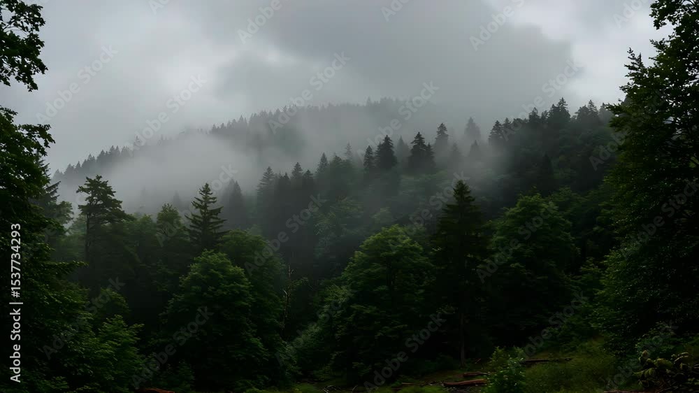 Poster misty green forest landscape with lush trees under a soft overcast sky creating a serene atmospheric