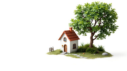 Charming Miniature House with Tree and Stone Path on White Background