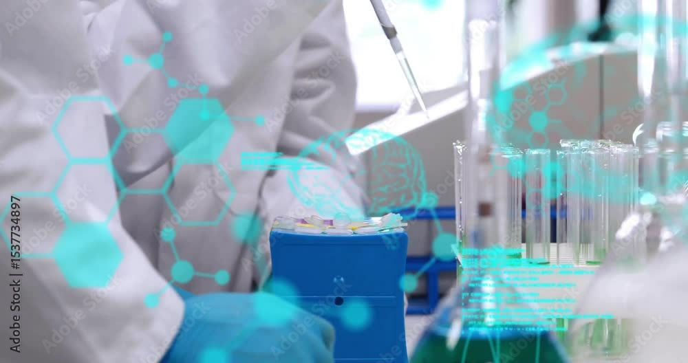 Poster lab technician selecting pipette tip aspirating sample and dispensing into tubes with data overlays