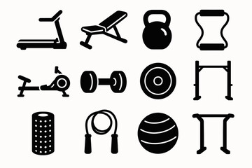Collection of black fitness equipment icons including treadmill and dumbbell