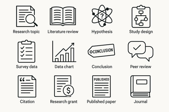 Icons representing research process: from literature review to published paper