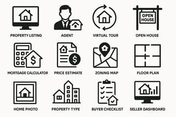 Real estate icons set featuring property listing, agent, virtual tour, and more