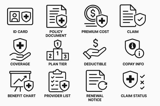 Healthcare icons set: id, policy, cost, claims, coverage, tiers, deductions