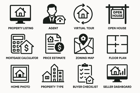 Real estate icons set featuring property listing, agent, virtual tour, and more