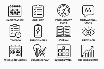Icons for habit tracker, goal list, productivity score, and more