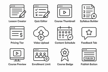 Education management icons: lesson, quiz, course, syllabus, feedback
