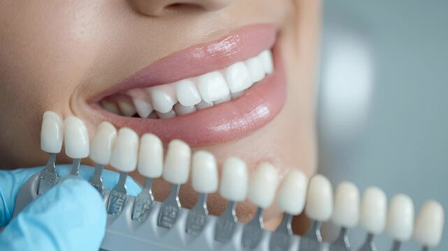 Dentist wearing blue gloves is comparing patient's teeth shade with samples for whitening treatment, showing perfect smile and healthy teeth