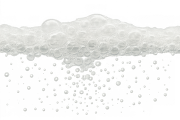 Soapy suds falling, transparent background showcasing realistic bubbles for bath, laundry, cleaning product graphic design elements