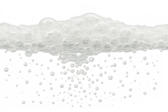 Soapy suds falling, transparent background showcasing realistic bubbles for bath, laundry, cleaning product graphic design elements