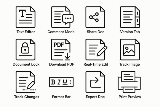 Document management icons: editor, pdf, sharing, editing, printing