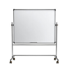 A blank white whiteboard stands on a metal stand against transparent background

