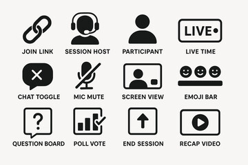 Virtual meeting icons set including link, host, mute, screen, emoji, poll, end, recap