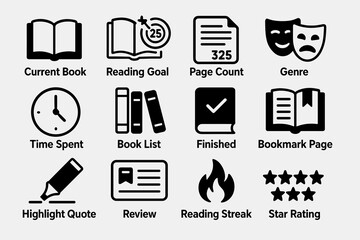 Library icons: current book, reading goal, page count, genre, time spent, book list, finished, bookmark