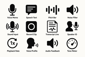 Audio interface icons: voice, speech, sound, playback, tone indicators in black silhouettes