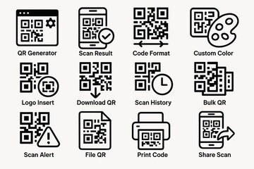 Qr code tools and features icons: scan result, download, print, customization options