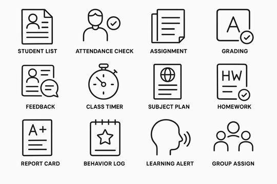 Education icons set: student list, attendance, grading, and more