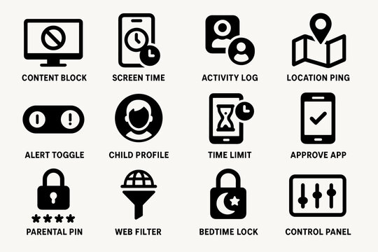 Parental control icons: content block, activity log, location ping, app approval