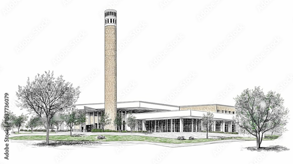 Poster architectural sketch of a building complex with a tall tower.