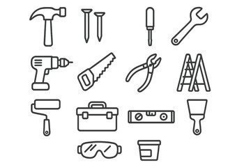 Fototapeta premium Essential hand tools icons set: hammer, drill, wrench, ladder, toolbox