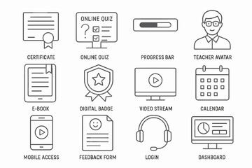 Online learning icons: certificate, online quiz, progress bar, and more