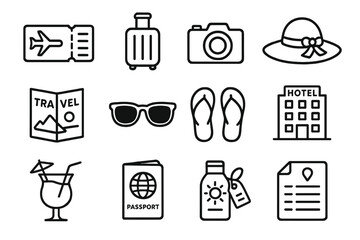 Travel icons: tickets, luggage, camera, sunhat, map, sunglasses, flip-flops, hotel, drink, passport, sunscreen
