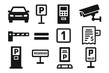Parking symbols: vehicle, ticket, camera, reserved, valet, paid parking icons
