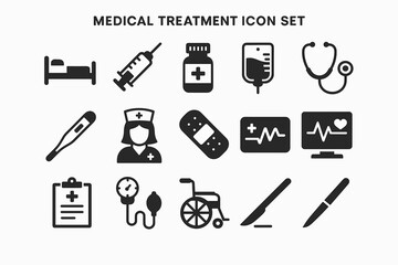 Essential medical treatment icons: hospital, nurse, and equipment graphics