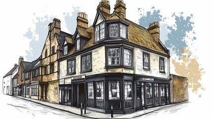 Hand-drawn illustration of a quaint corner building.