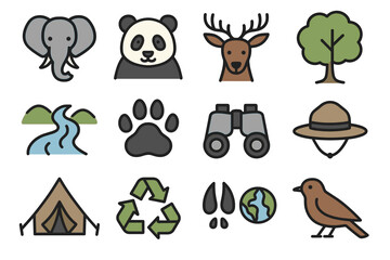 Nature icons: animals, environment, and adventure symbols collection